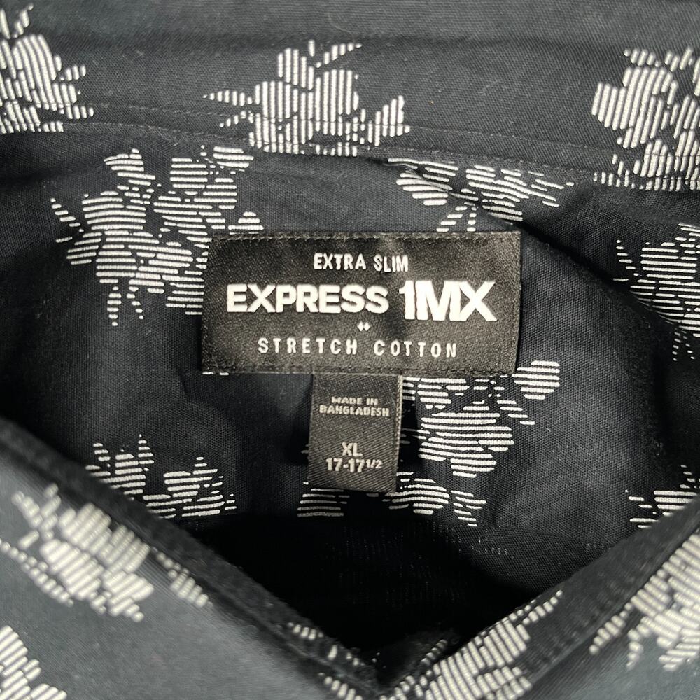 Express 1MX Shirt XL Black Floral Extra Slim Stretch Button Up Long Sleeve Mens - Picture 5 of 11